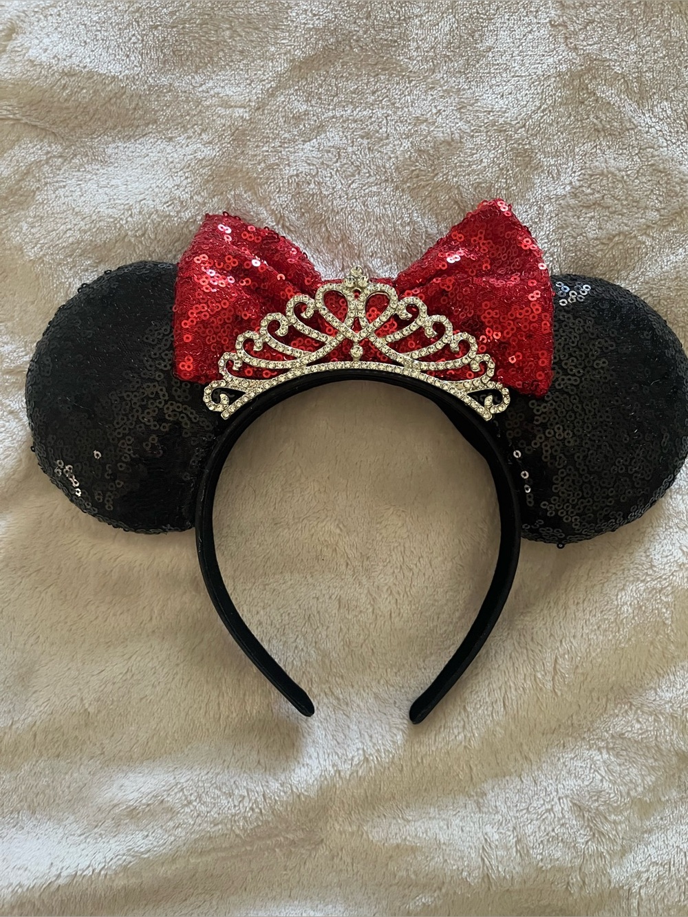 Disney Sequin Minnie Ear Headband with Red Bow and Rhinestone Tiara